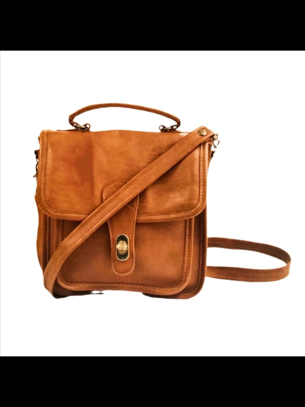 Vintage Monique Tan Vegan Leather Classic Crossbody Satchel - Women Bags